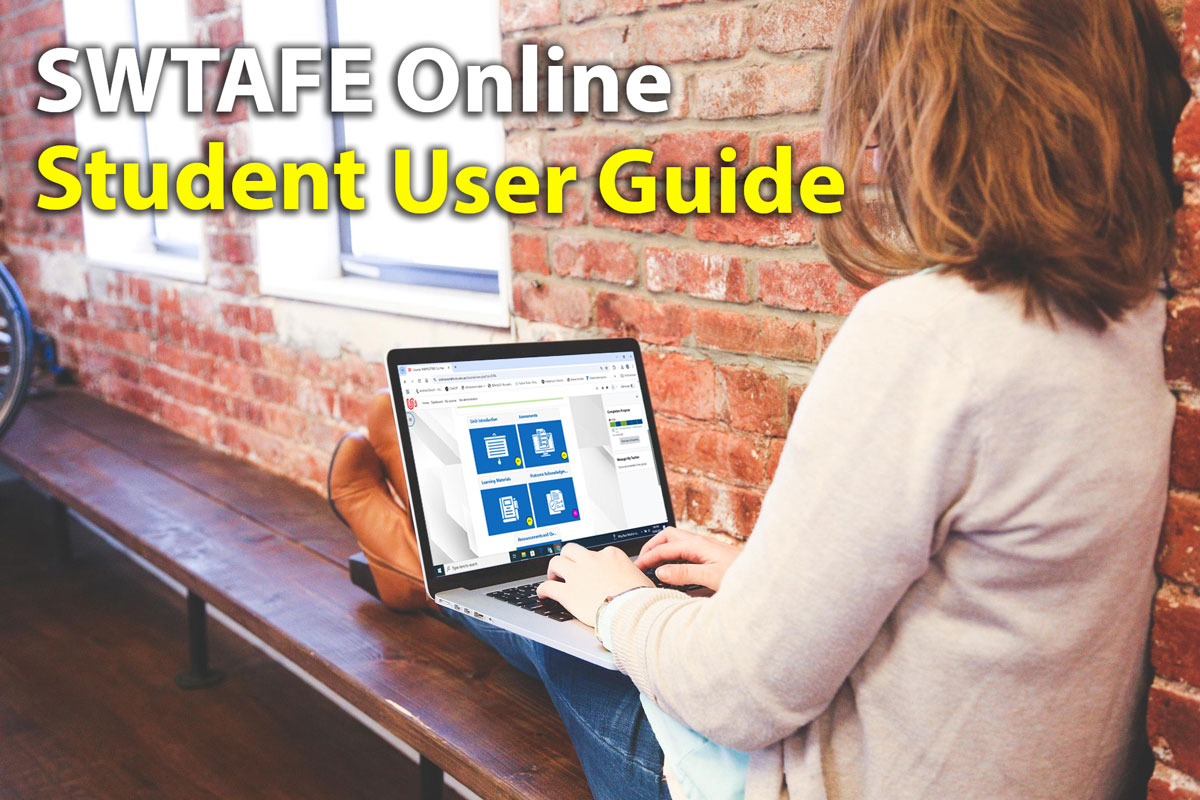 Student sits on a bench using a laptop, navigating their SWTAFE Online course in a calm, indoor setting.




